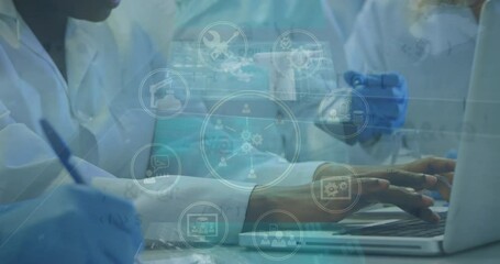 Poster - Animation of data processing over diverse doctors using laptop
