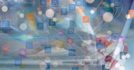 Poster - Animation of data processing and globe with icons over hands using laptop