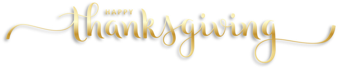 Sticker - HAPPY THANKSGIVING metallic gold brush calligraphy banner with swashes on transparent banner
