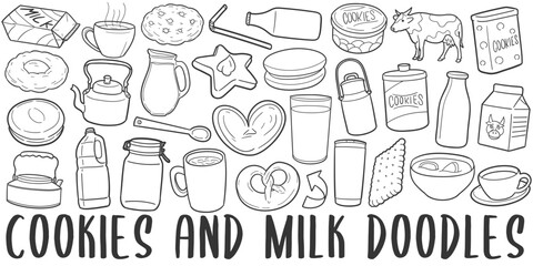 Wall Mural - Cookies and Milk Doodle Banner Icon. Breakfast Vector Illustration Hand Drawn Art. Line Symbols Sketch Background.