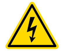 Warning Sign. Dangerous Electrical Voltage Icon. High Voltage Sign. Danger Symbol. Black Arrow Isolated In Yellow Triangle On White Background.