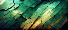 Emerald Green Cracked Slate Rock Layers, Faded Rough Texture - Highly Detailed Up Close Low Angle Surface Macro. Vibrant Background With Intense Saturated Colors.
