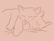 Vector sketch of two sleeping kittens cuddle and purr. Cute cats sleep together. Pets friendly concept