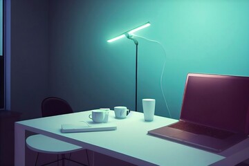 Leinwandbilder - Raster illustration of workplace in blue tones. Laptop, table lamp, cup, mug, glass, office chair, wires, room, turquoise color background, minimalistic design, futuristic style, interior. 3D artwork