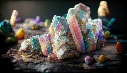 Poster - Illustration of multicolored gemstone. Mineral, rock crystal, iridescent, pastel shades, fossil, jewelry, magic stone, dark brown background, rose quartz, opal, turquoise. 3D rendering illustration