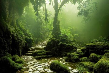 Wall Mural - Raster illustration of paved path in the tropical forest. Thickets, green foliage, high air humidity, stone road, steps, creepers, moss. Nature landscape concept. 3D artwork background for business