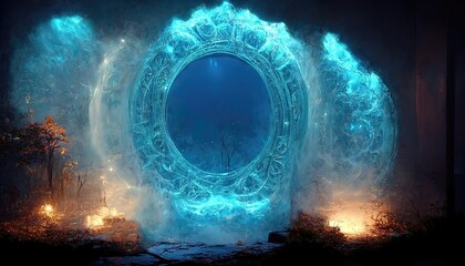 Leinwandbilder - Raster illustration of huge neon blue portal in the forest. Parallel world, reality, magical realism, teleportation, smoke, abstract patterns along the contour of the portal. Magic concept. 3D artwork