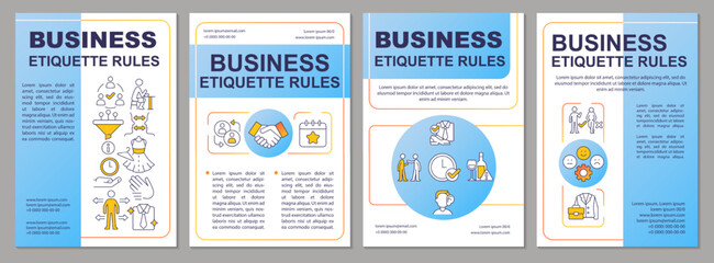Common business etiquette blue brochure template. Leaflet design with linear icons. Editable 4 vector layouts for presentation, annual reports. Arial, Myriad Pro-Regular fonts used