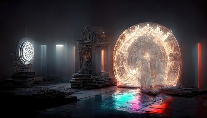 Wall Mural - Raster illustration of gold portal to parallel universe. Altar, teleportation, other world, golden glow, dark room with subdued light, multicolored reflections on the floor. 3D rendering illustration