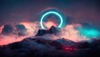 © Zaleman - Raster illustration of neon blue portal in the mountains. Pink clouds, smoke, volcano, teleportation to parallel world, magical realism, fiction. Landscape of nature concept. 3D rendering illustration