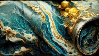 Poster - Raster illustration of abstract stains of paint. Mix of colors, luxury background, premium, white, gold, blue, turquoise, purple, pattern, waves, liquid, abstraction. Inspiration concept. 3D rendering