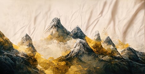 Poster - Raster illustration of mountain range in pastel colors. Autumn landscape, golden leaves, light background in the form of folds on the fabric, rocks, peaks, asian culture. Nature concept. 3D rendering