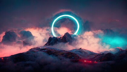 Wall Mural - Raster illustration of neon blue portal in the mountains. Pink clouds, smoke, volcano, teleportation to parallel world, magical realism, fiction. Landscape of nature concept. 3D rendering illustration