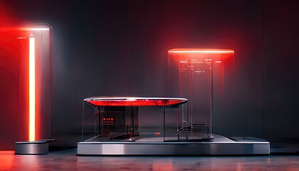 Poster - Raster illustration of futuristic podium with electrical appliances. Red neon illumination, lamps, glass flasks, laboratory, scientific experiments, future technologies. 3D artwork background