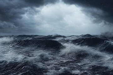 Poster - Raster illustration of waves in the sea on a cloudy sky. Storm, ocean, river, rain, thunderstorm, weather conditions, dim light shining through the clouds. Seascape concept. 3D rendering illustration