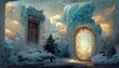 Raster illustration of magical ice landscape in winter forest. Pine, snowdrifts, high doors decorated with abstract patterns, teleportation to a parallel world. Magic concept. 3D artwork background