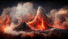 Raster Illustration Of Eruption. Mountain Peaks In Clouds Of Smoke And Ash, Red-hot Lava, Magma, Earthquake, Natural Disaster, Danger, Fire, Cataclysm, Beauty Of Nature. 3D Artwork Raster Background