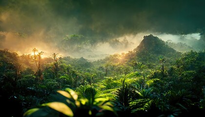 Poster - Raster illustration of jungle top view. Palm trees, distant mountain, overcast sky, storm clouds, rainforest, natural scenery, wilderness, volcano, desert island. Nature concept. 3D rendering