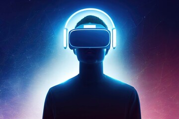 Leinwandbilder - Raster illustration of man in virtual reality glasses and headphones. Metaverse, neon blue light, neural network, future technologies, gaming, cyberspace, cyberpunk. 3D artwork raster background