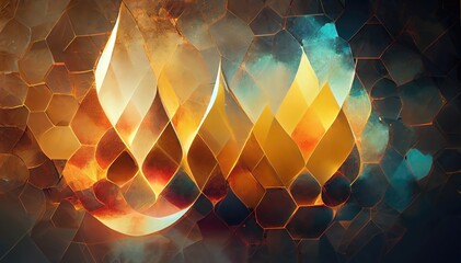 Wall Mural - Raster illustration of abstract patterns in gold and turquoise colors. Hexagons, honeycomb, marble, golden glow, luxury background. Art concept. 3D artwork raster background for business