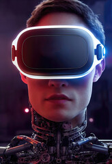 Leinwandbilder - Raster illustration of man in virtual reality glasses. Cyberpunk, metaverse, cyberspace, vr, neural network, gaming, neon blue and red lights, future technologies, wires, robot. 3D artwork background