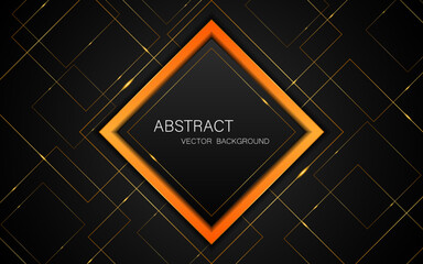 Abstract black and orange square shape with golden glowing lines on black background with free space for design.
