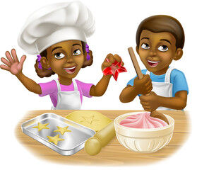 Wall Mural - Young little boy and girl kids children chef, cook or baker cartoon characters