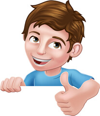 Poster - A boy kid cartoon happy child character peeking over sign and giving a thumbs up