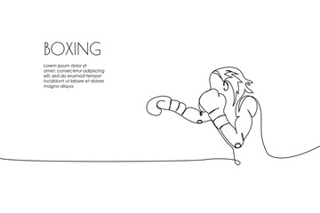 Wall Mural - Web banner with woman boxer, boxing gloves, hit one line art. Continuous line drawing of promotion poster protective mask, protection, boxing, fight, athletes, battle, girl, power, sport, boxing ring.