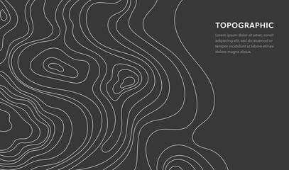 Topographic map. Vector illustration of topographic geographic map lines and contours. Terrain path isolated on a black background. Geography scheme. Line mountain relief for website template, banner