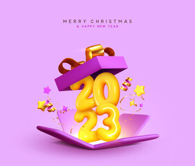 Wall Mural - Happy New Year 2023. Realistic 3d open gifts box yellow number sign 2023. Merry Christmas Background. Xmas sale present. Holiday decorative purple boxes, Holiday gift surprise. Vector illustration