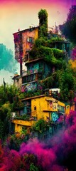 italian homes stacked on top of eachother with colorful graffitti