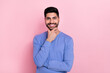 © deagreez - Photo of cheerful smart young man hand touch chin contemplate toothy smile isolated on pink color background
