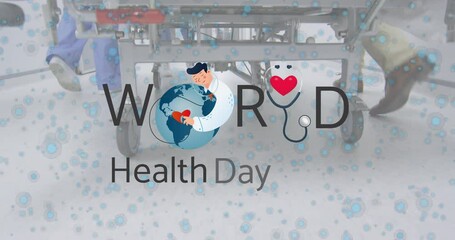 Sticker - Animation of world health day text and logo over hospital porters wheeling bed in hospital corridor