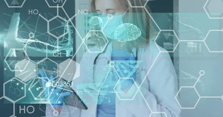 Poster - Animation of dna and chemical structures over caucasian female doctor in face mask using tablet