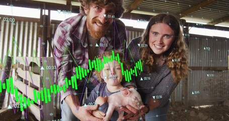 Sticker - Animation of financial data processing over caucasian family holding piglet