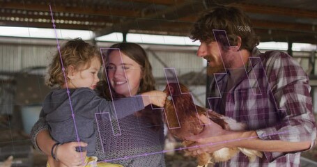 Poster - Animation of financial data processing over caucasian family holding chicken