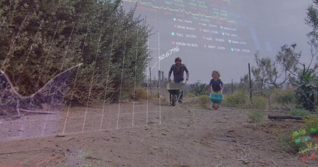 Canvas Print - Animation of financial data processing over caucasian man and his son working in garden