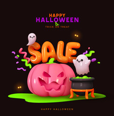 Canvas Print - Happy Halloween background. Holiday Halloween poster, web banner, greeting card, cover for party invitation. Colorful bright realistic 3d design elements ghosts, pumpkin, cauldron. Vector illustration