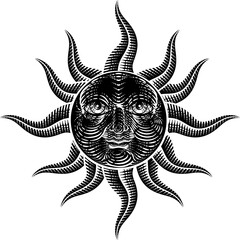 Sticker - Sun Face Woodcut Drawing Retro Vintage Engraving