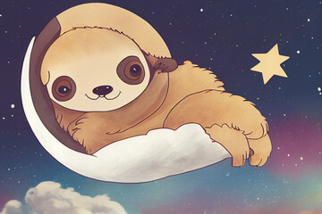 Wall Mural - Cute cartoon sloth sleeping hanging on a cloud with stars and crescent moon