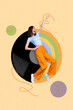© deagreez - Creative abstract template collage of excited woman dancing have fun vinyl recorder tiptoes energetic event party disco painting background