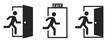 Emergency exit sign set. Man running out fire exit. Running man and exit door sign. Escape help evacuation. Safety vector symbol.