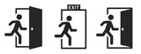 Fototapeta  - Emergency exit sign set. Man running out fire exit. Running man and exit door sign. Escape help evacuation. Safety vector symbol.