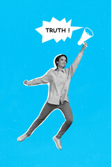 Sticker - Creative abstract template collage of active energetic young attractive woman journalist reporter hold loudspeaker tell reveal truth