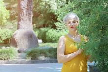 A Beautiful Woman Is Photographed With A Green Bush In The Park. Tourism And Rest. Place For Text