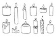 Sketch of Candles. Hand drawn vector illustration with candlelight in doodle style for Christmas or birthday design. Simple contour drawing for icon or logo. Black line on white isolated background