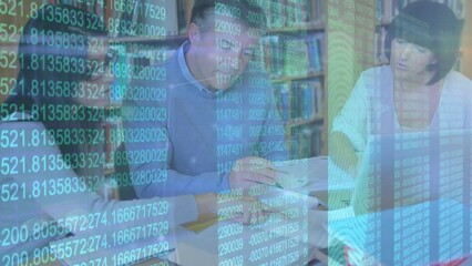 Poster - Animation of data processing over group of caucasian people studding in the library