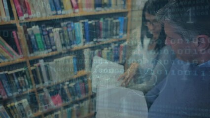 Poster - Animation of data processing over two caucasian people studding in the library