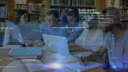 Poster - Animation of data processing over group of diverse people studding in the library